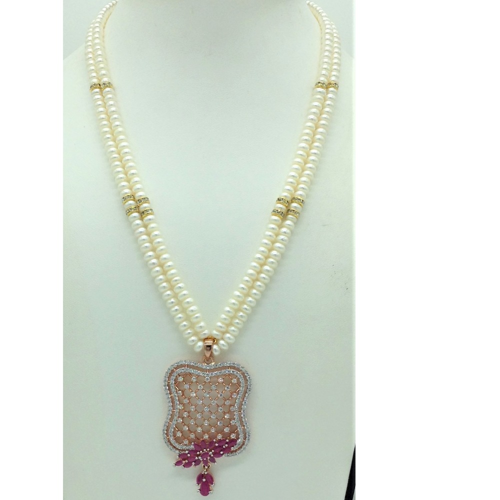 White,red cz pendent set with 2 line flat pearls jps0701 - Image 2