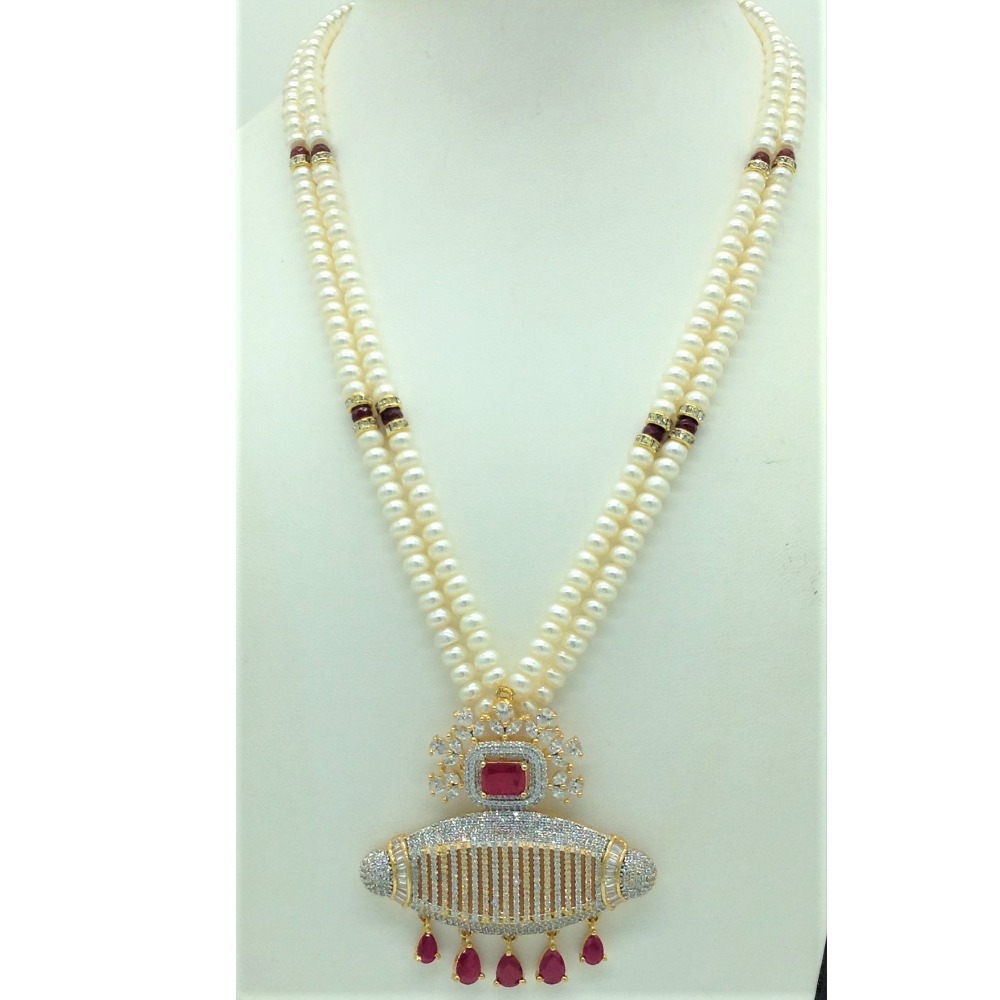 White,red cz pendent set with 2 line flat pearls jps0700 - Image 2