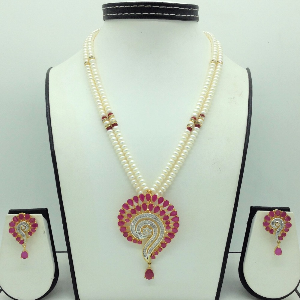 White,red cz pendent set with 2 line flat pearls jps0698