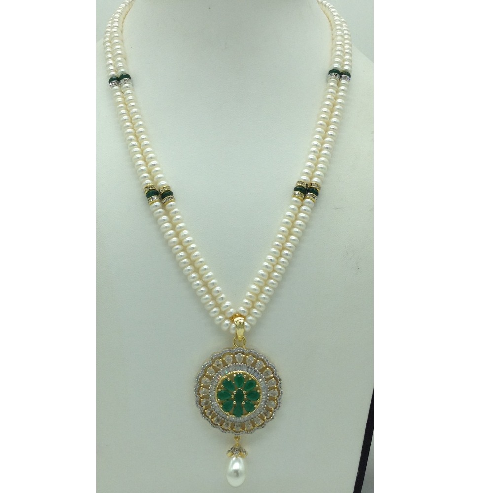 White,green cz pendent set with 2 line flat pearls jps0697 - Image 2