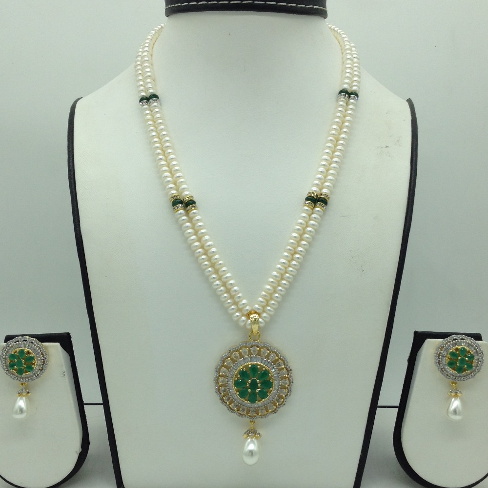 White,green cz pendent set with 2 line flat pearls jps0697