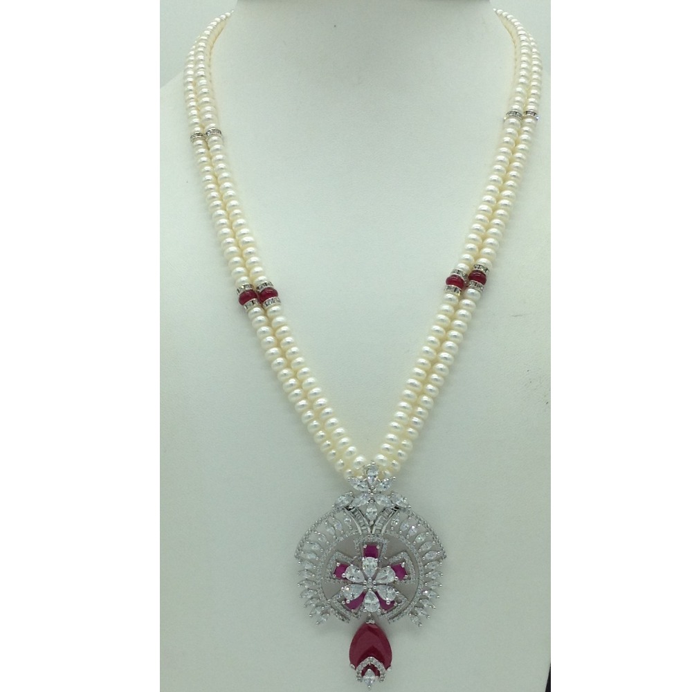 White,red cz pendent set with 2 line flat pearls jps0696 - Image 2