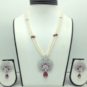 White,red cz pendent set with 2 line flat pearls jps0696