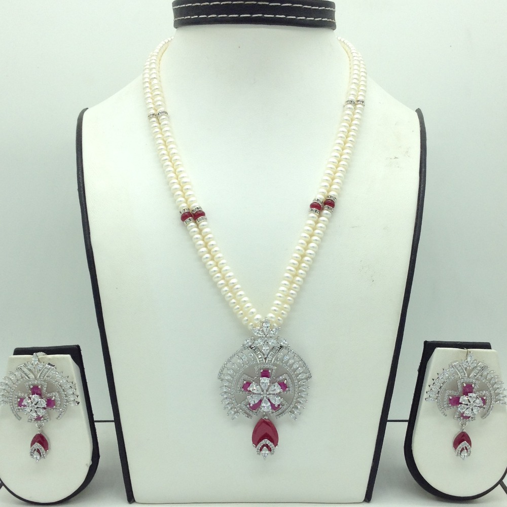 White,red cz pendent set with 2 line flat pearls jps0696