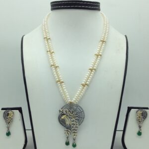 White,green cz pendent set with 2 line flat pearls jps0692