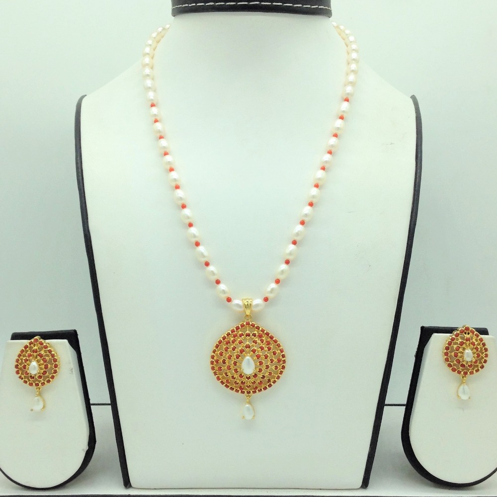 Pearls and coral pendent set with 1 line oval pearls mala jps0686