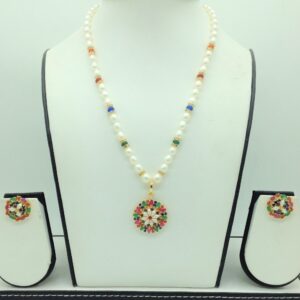 Navratan Pendent Set With 1 Line Oval Pearls Mala JPS0682
