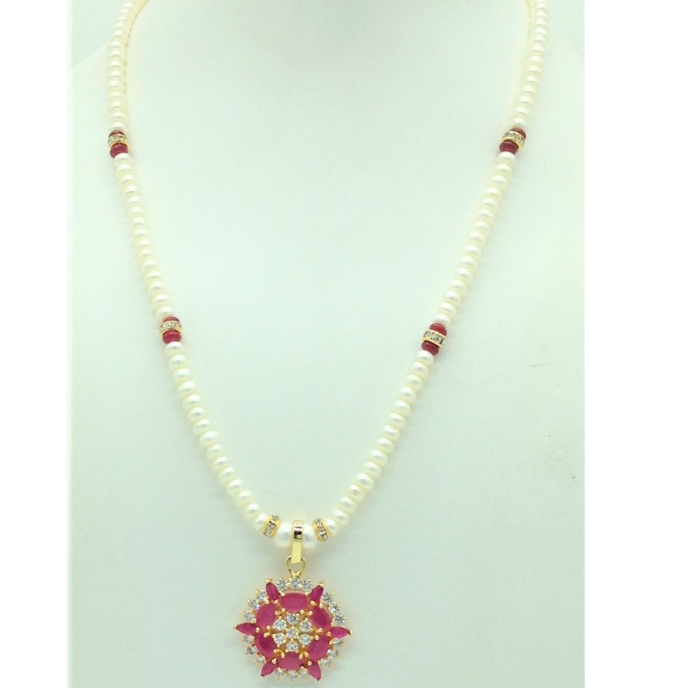 White,red cz pendent set with 1 line flat pearls mala jps0679 - Image 2