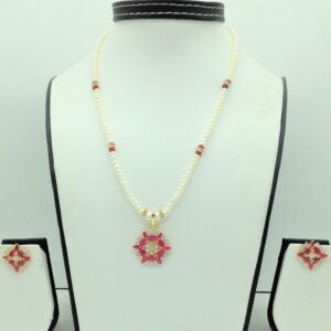 White,red cz pendent set with 1 line flat pearls mala jps0679