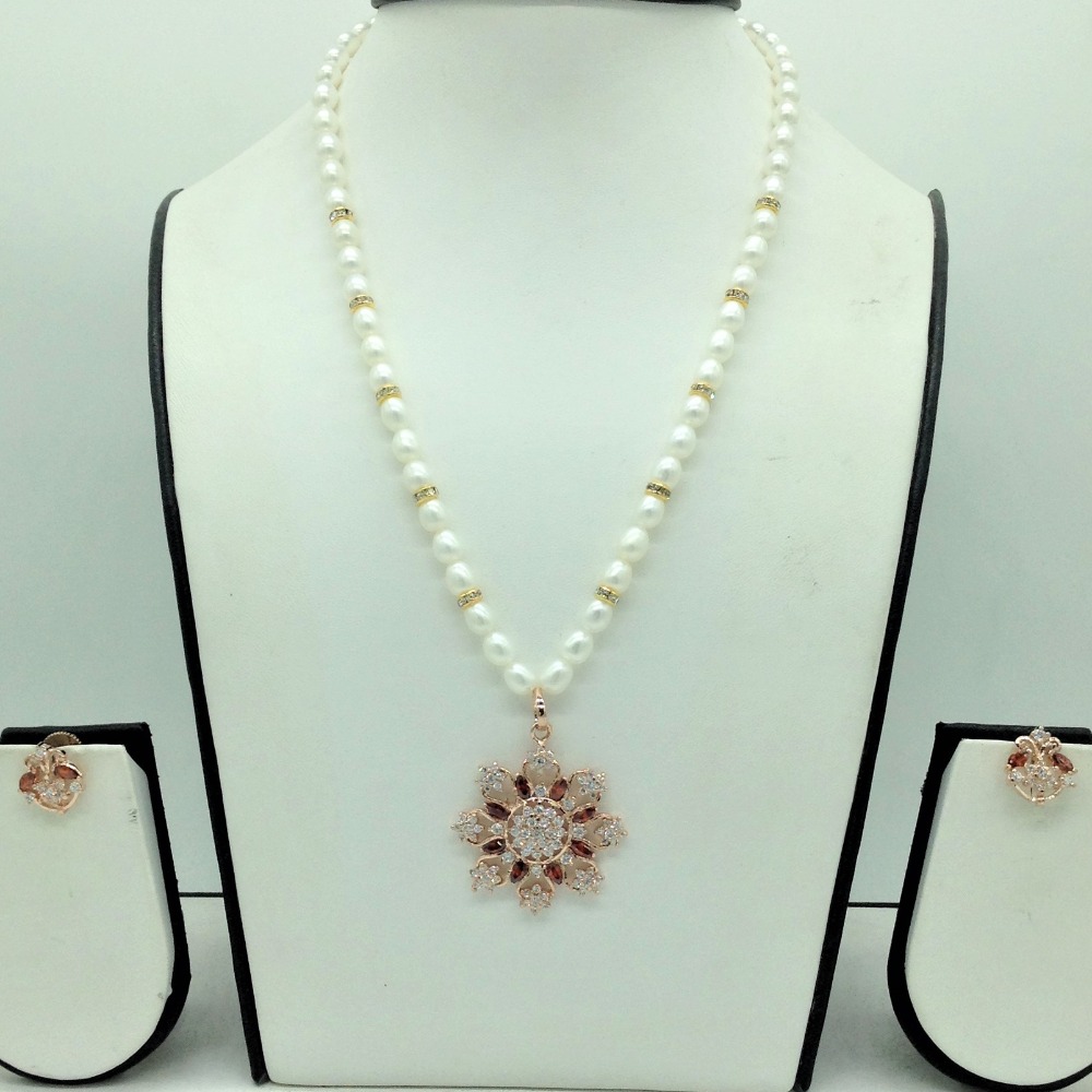 White,brown cz pendent set with 1 line oval pearls mala jps0675
