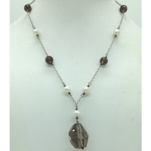 Freshwater White Round Pearlsand Smoky Topaz Silver Chain JPM0474