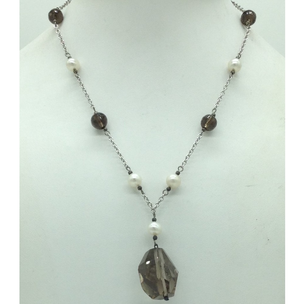 Freshwater White Round Pearlsand Smoky Topaz Silver Chain JPM0474