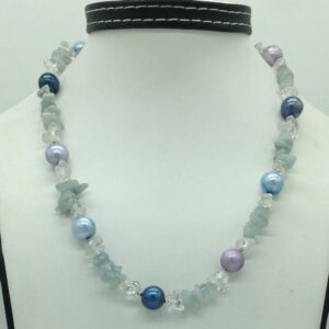Freshwater Multicolour Round Pearls with Aquamarine Mala JPM0467