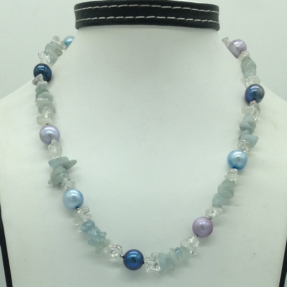 Freshwater Multicolour Round Pearls with Aquamarine Mala JPM0467
