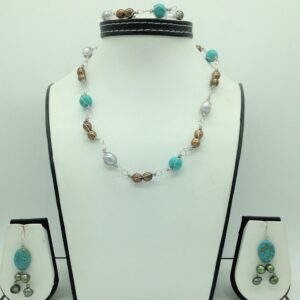 Freshwater multicolour pearls and turquoise set in wire mesh jpp1087