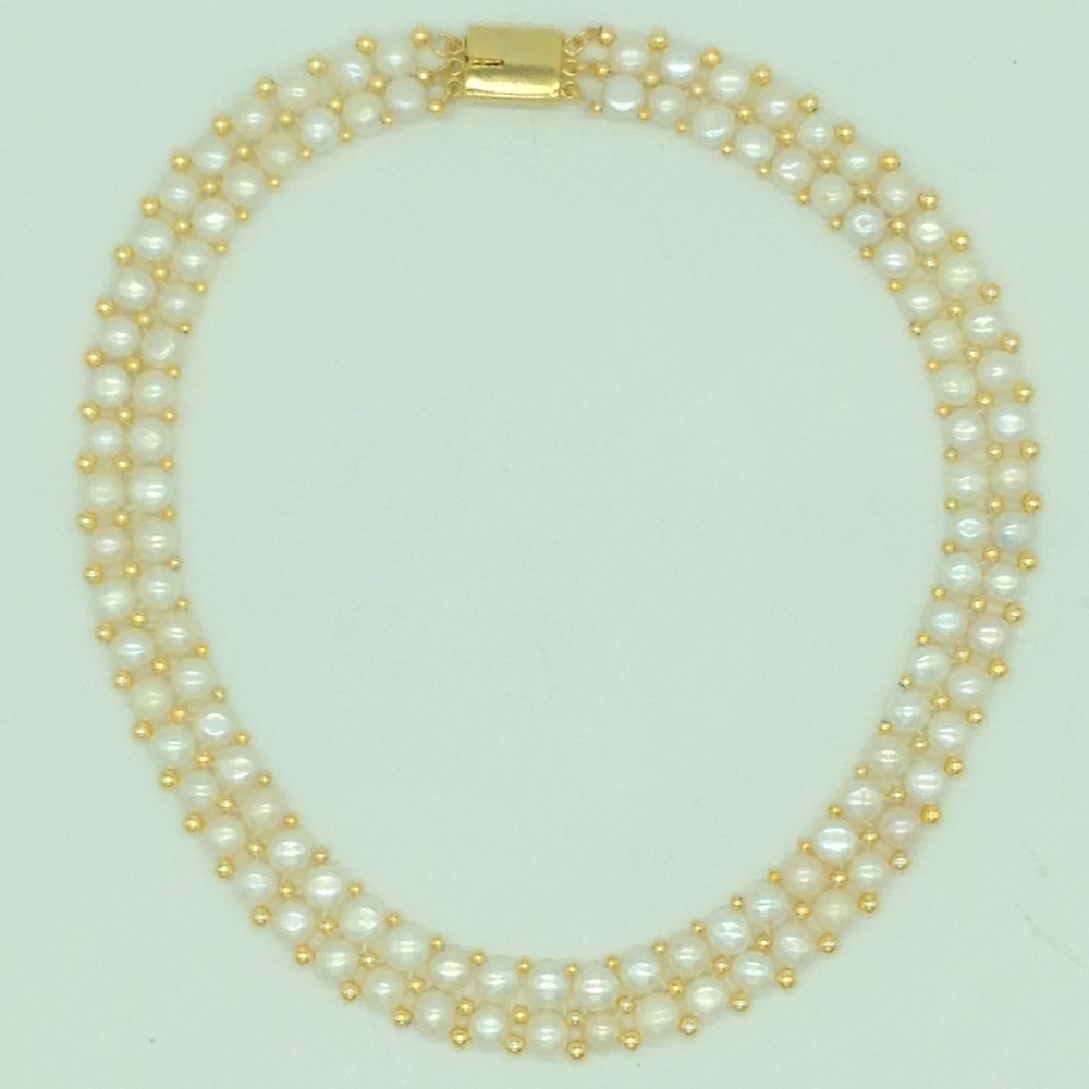 Freshwater White Button Pearls 2 Lines Necklace Set JPP1085