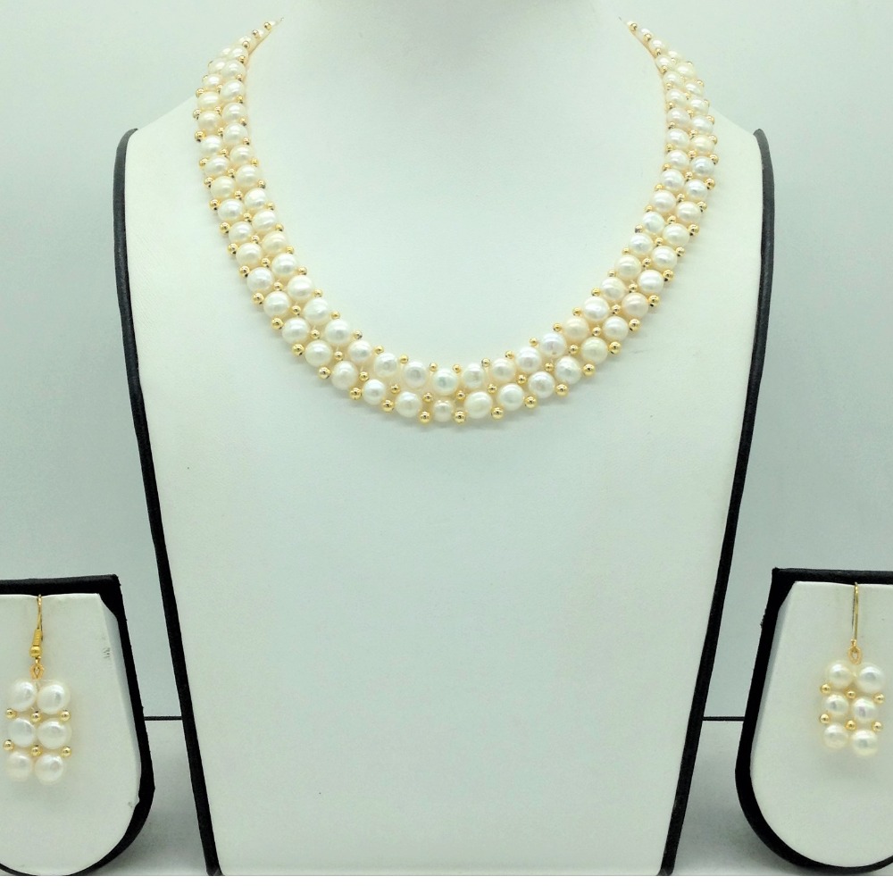 Freshwater White Button Pearls 2 Lines Necklace Set JPP1085