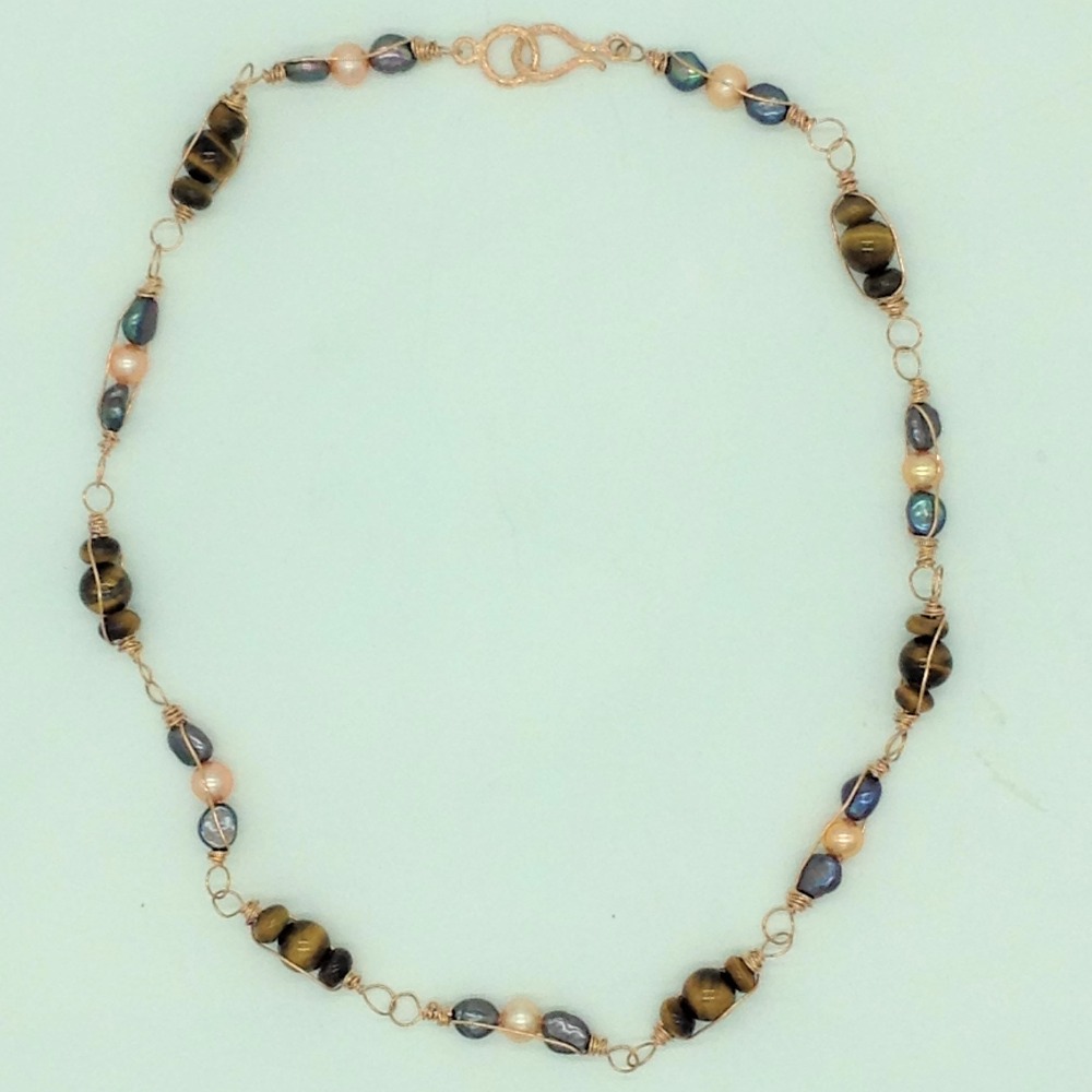 Freshwater Multicolour Kudkal Pearls with Tigerstones Wire Mesh Mala JPM0465