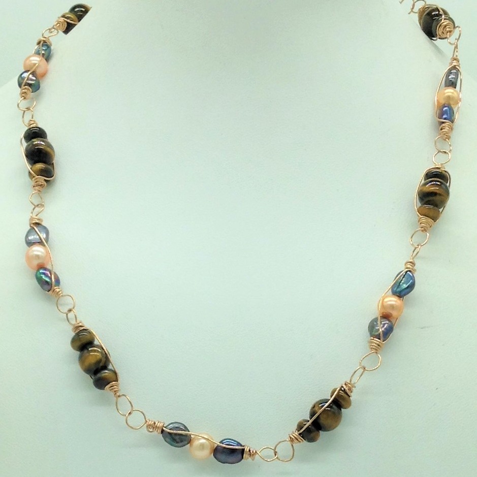 Freshwater Multicolour Kudkal Pearls with Tigerstones Wire Mesh Mala JPM0465