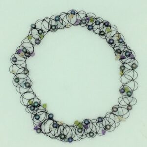 Black round pearls and semi precious stones elastic mala jpm0456