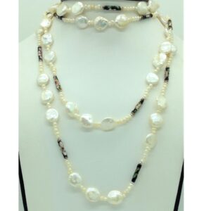 White Baroque And Seed Pearls Enamel Balls Long Mala JPM0445
