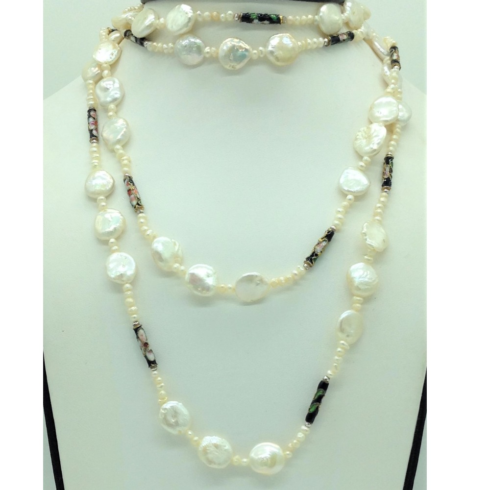 White Baroque And Seed Pearls Enamel Balls Long Mala JPM0445