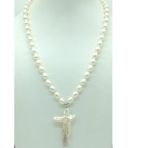 Freshwater white oval pearls mala with cross baroque locket jpm0442