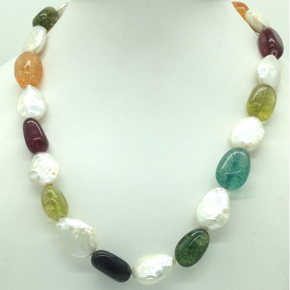 Freshwater White Baroque Pearls and Semi Precious Stones Tumbles Mala JPM0441