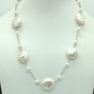 Freshwater White Baroque Pearls With Silver Chain Mala JPM0438
