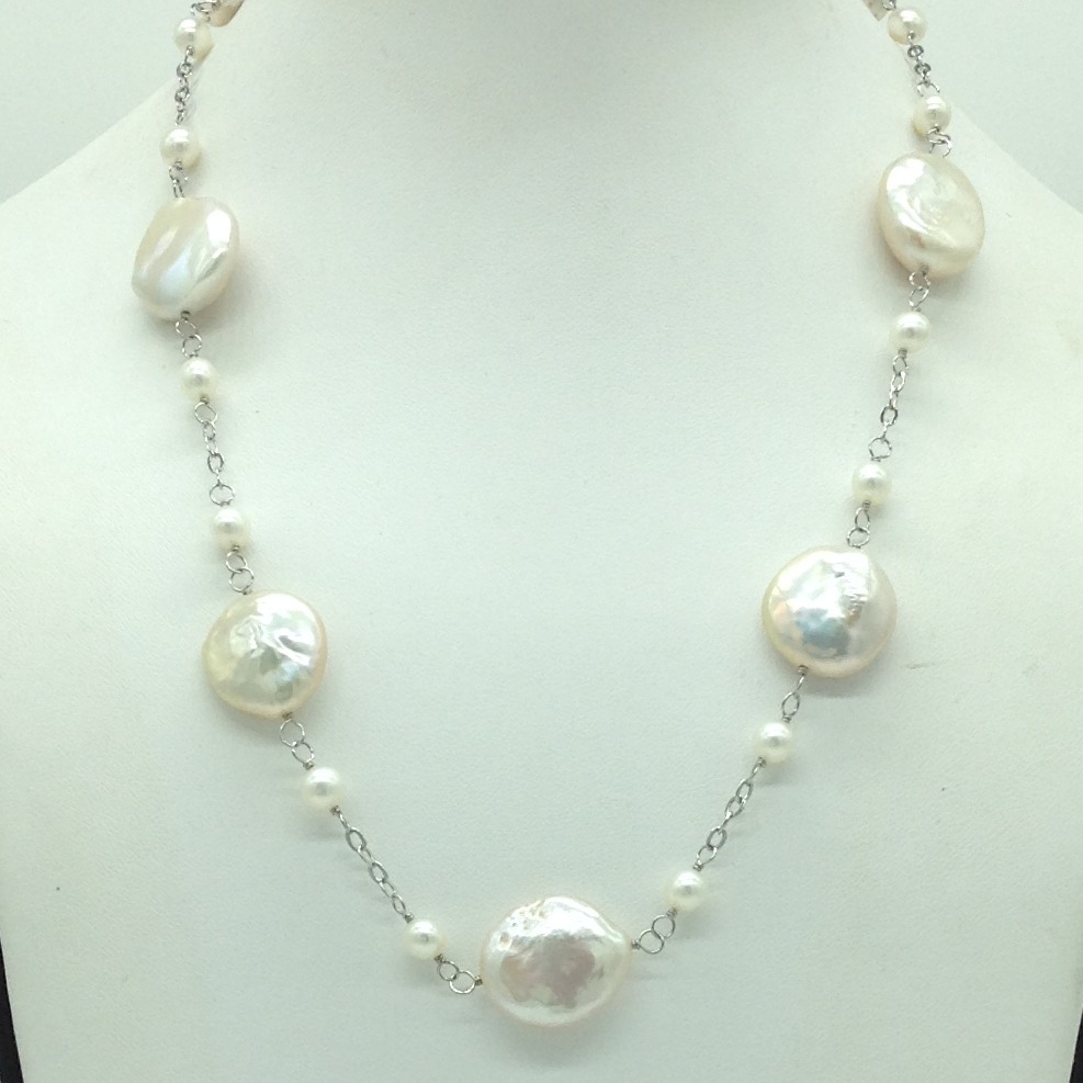Freshwater White Baroque Pearls With Silver Chain Mala JPM0438