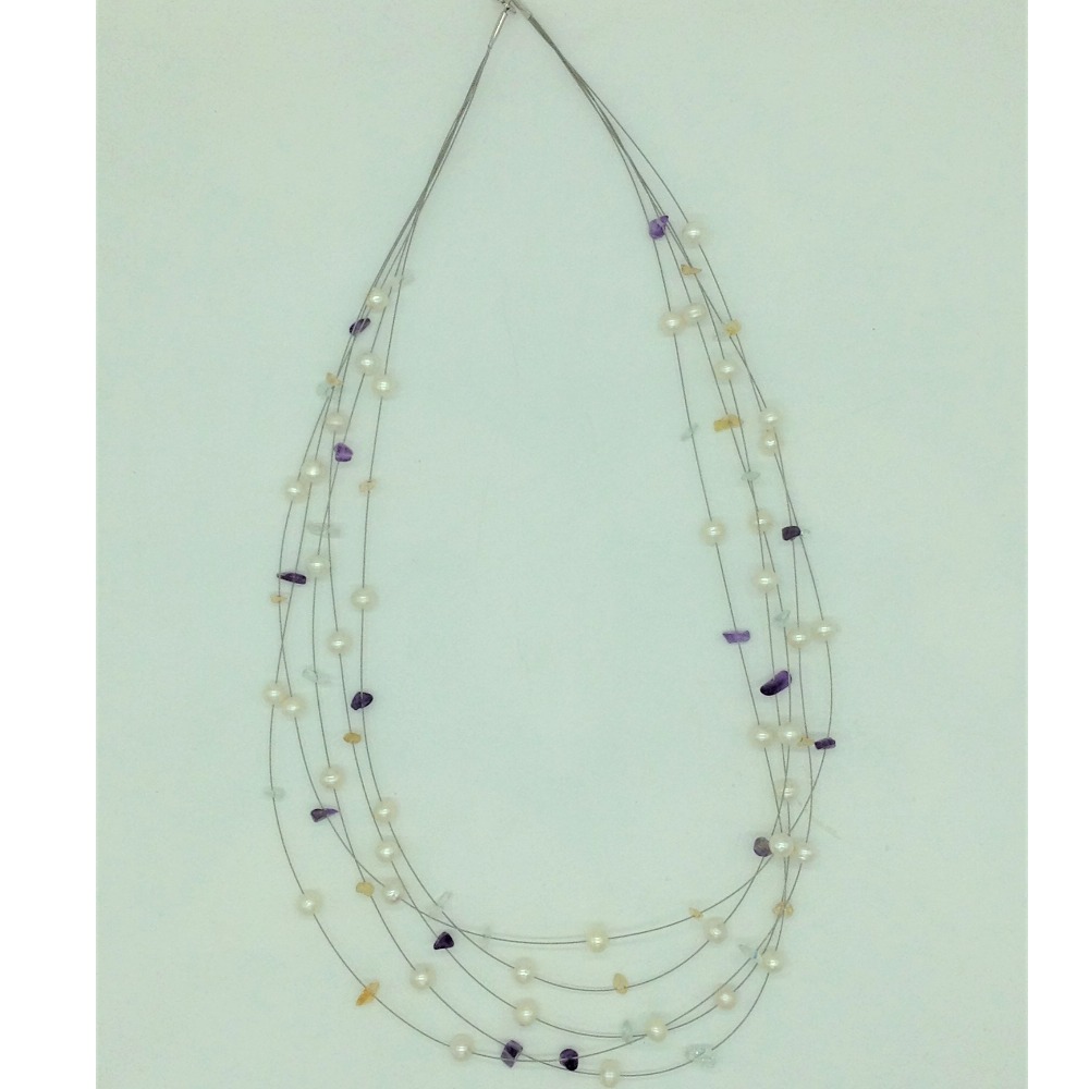 White pearls with semi precious chips wire necklace jpm0435