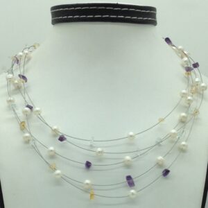 White pearls with semi precious chips wire necklace jpm0435