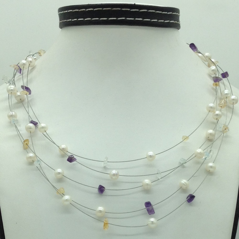 White pearls with semi precious chips wire necklace jpm0435