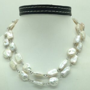 Freshwater white baroque pearls with silver chain long mala jpm0431