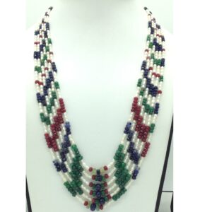 White rice pearls with multicolour stones necklace jpm0429