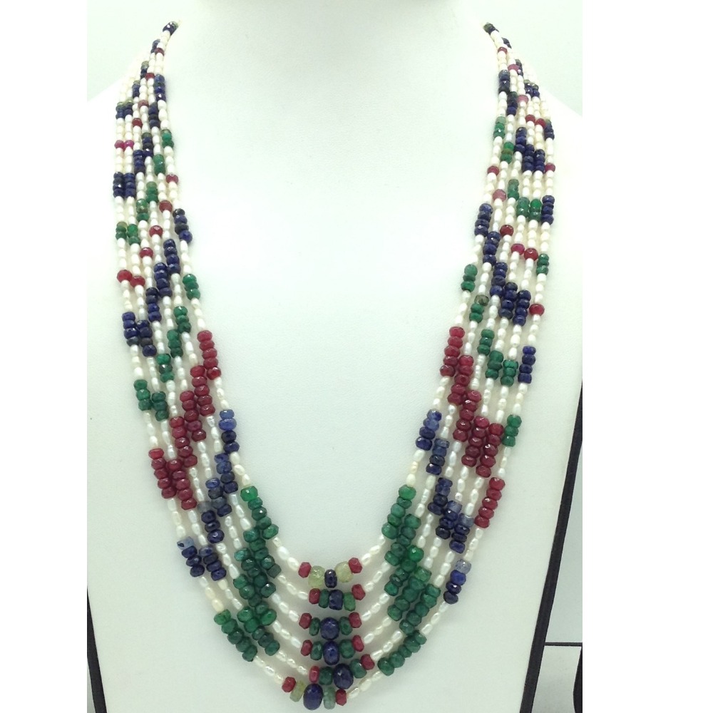 White rice pearls with multicolour stones necklace jpm0429