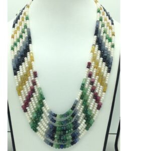 White flat pearls with multicolour stones 7 layers necklace jpm0427