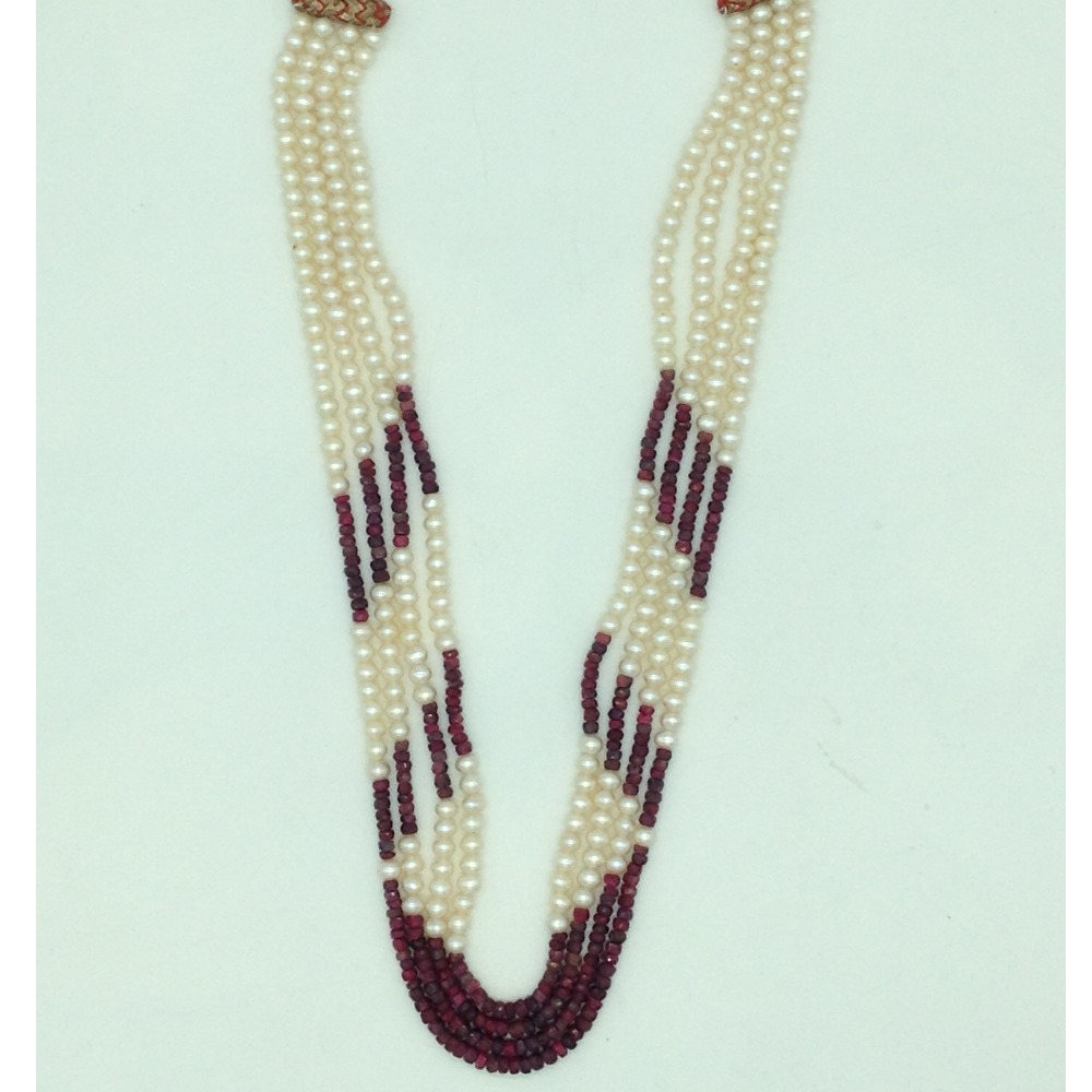 white flat pearls with red ruby4 layers necklace jpm0426