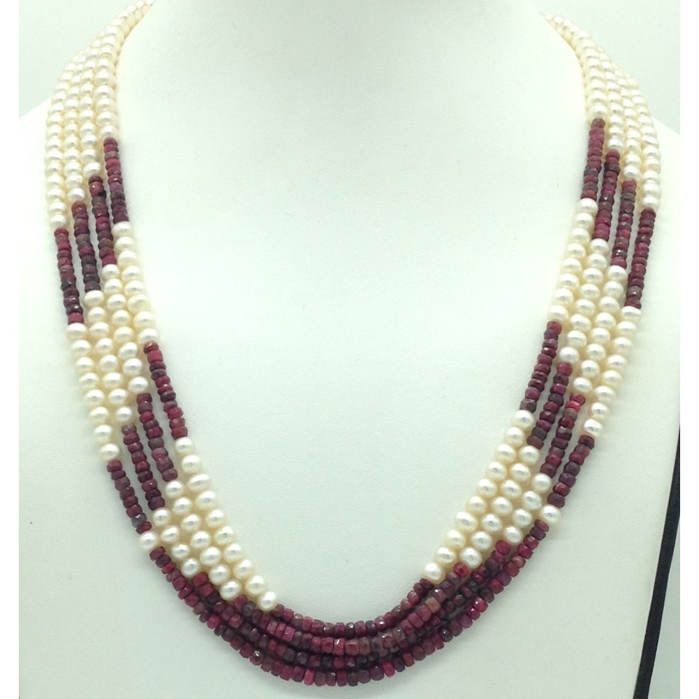 white flat pearls with red ruby4 layers necklace jpm0426