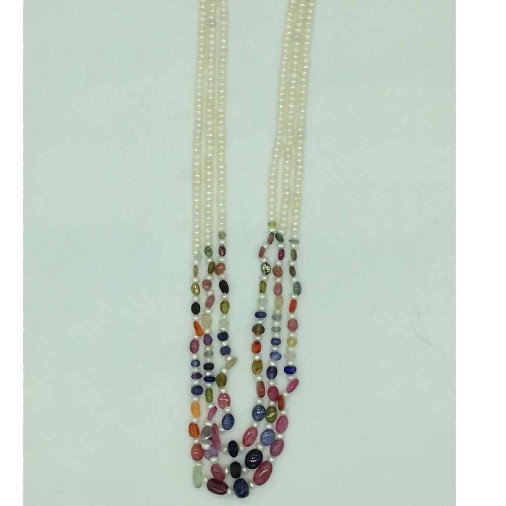 White flat pearls with multicolour stones 3 layers necklace jpm0425