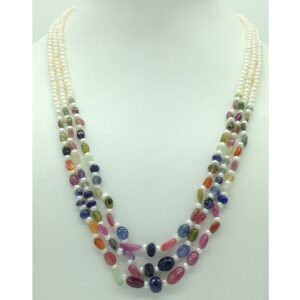 White flat pearls with multicolour stones 3 layers necklace jpm0425