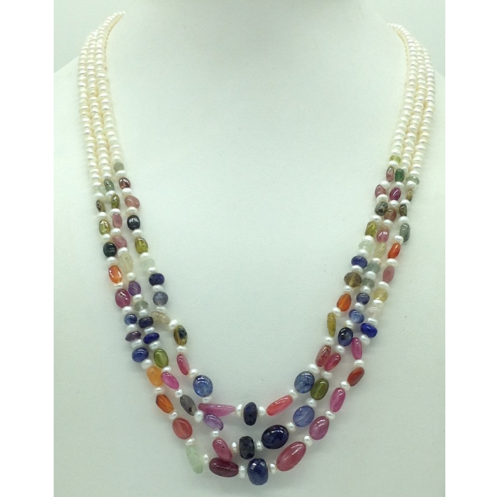 White flat pearls with multicolour stones 3 layers necklace jpm0425