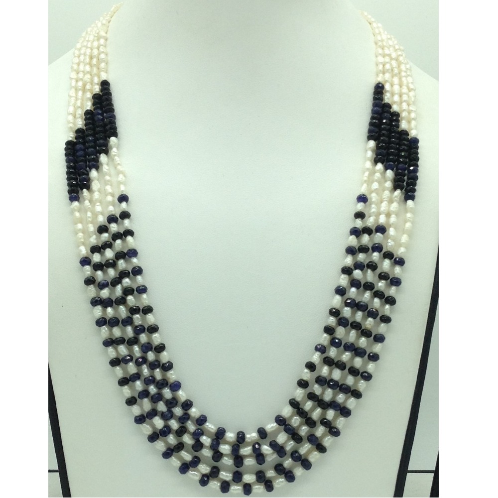 White rice pearls with blue sapphires 5 layers necklace jpm0424