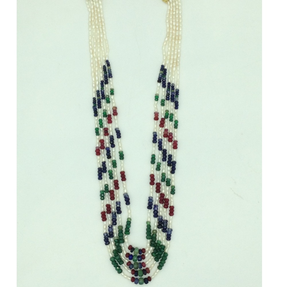 White pearls with multicolour stones 5 layers necklace jpm0423