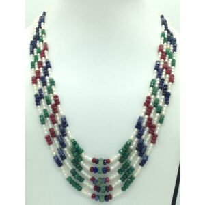 White pearls with multicolour stones 5 layers necklace jpm0423
