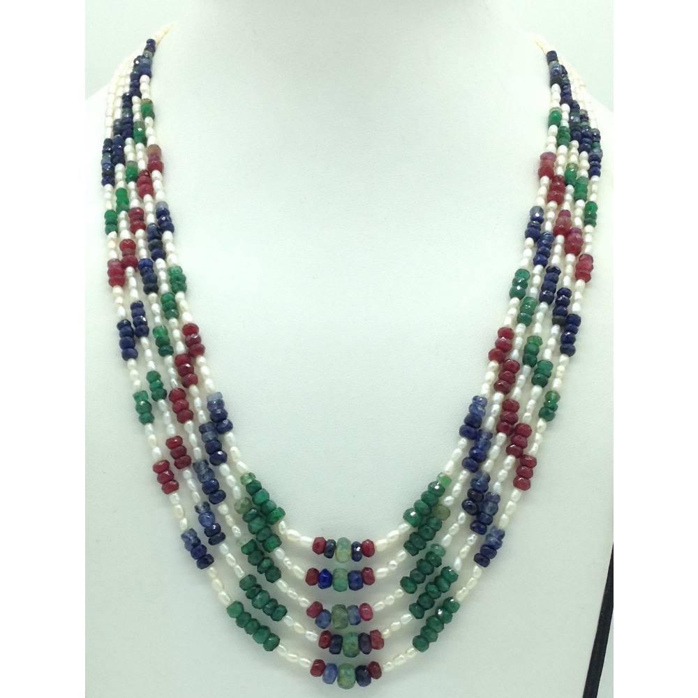 White pearls with multicolour stones 5 layers necklace jpm0423