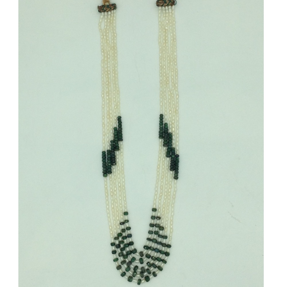 White rice pearls with green bariels 5 layers necklace jpm0422
