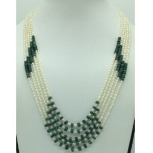 White rice pearls with green bariels 5 layers necklace jpm0422