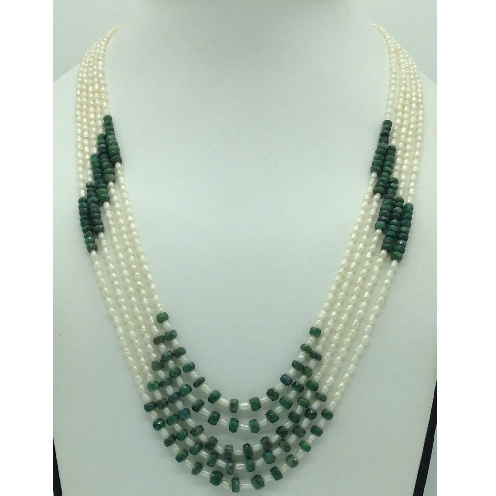 White rice pearls with green bariels 5 layers necklace jpm0422