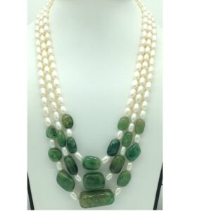 White oval pearls with green bariels 3 layers necklace jpm0421